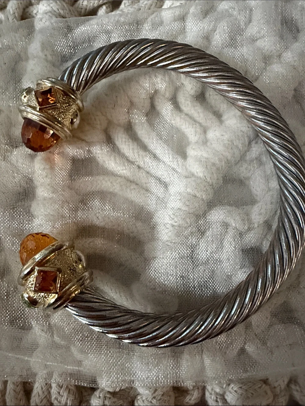 Silver-Tone Twisted Cable Open Cuff Bracelet with Amber Stones